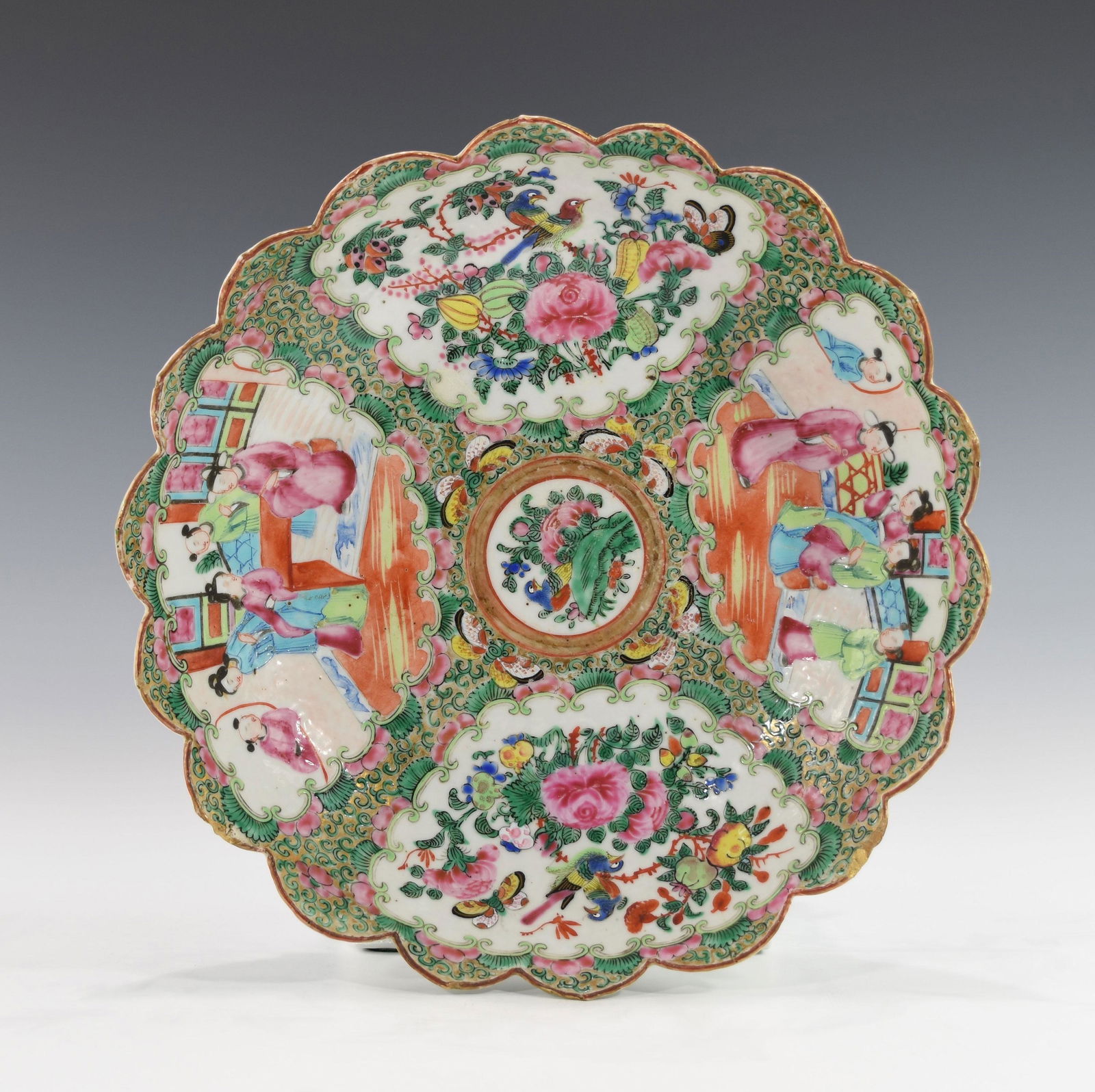 A LARGE CHINESE ROSE MEDALION SCOLLOPED DEEP DISH (1 of 3)