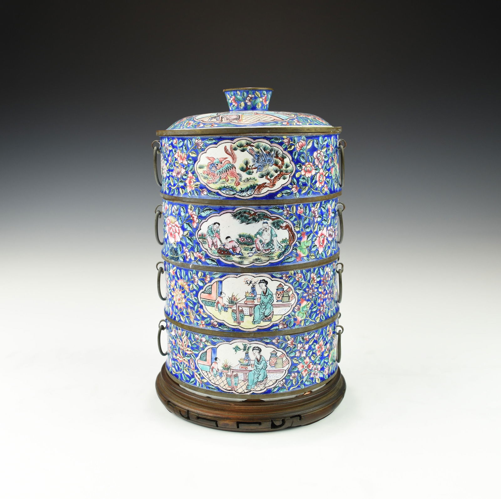A STACK OF CANTON ENAMEL SERVING BOXES WITH STAND (1 of 6)