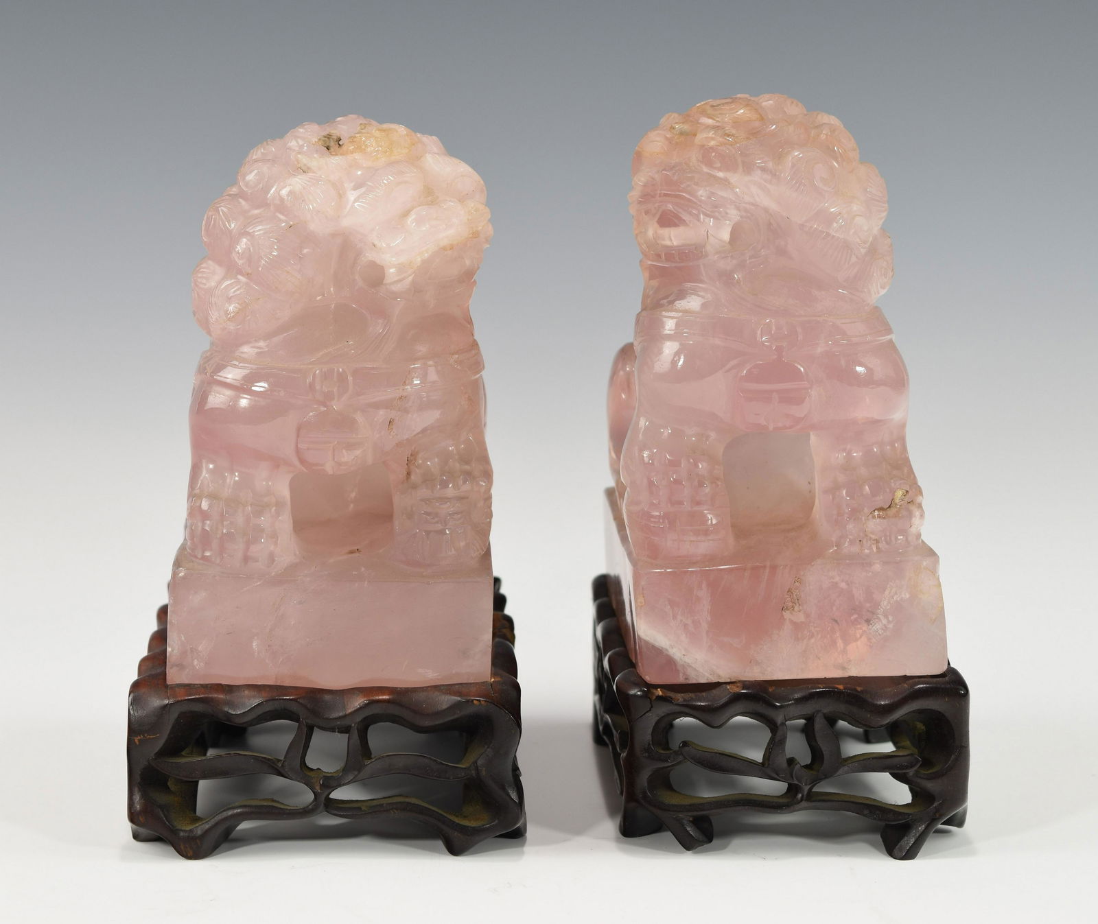 A PAIR OF 19TH CENTURY CHINESE PINK QUARTZ FIGURINES (1 of 7)