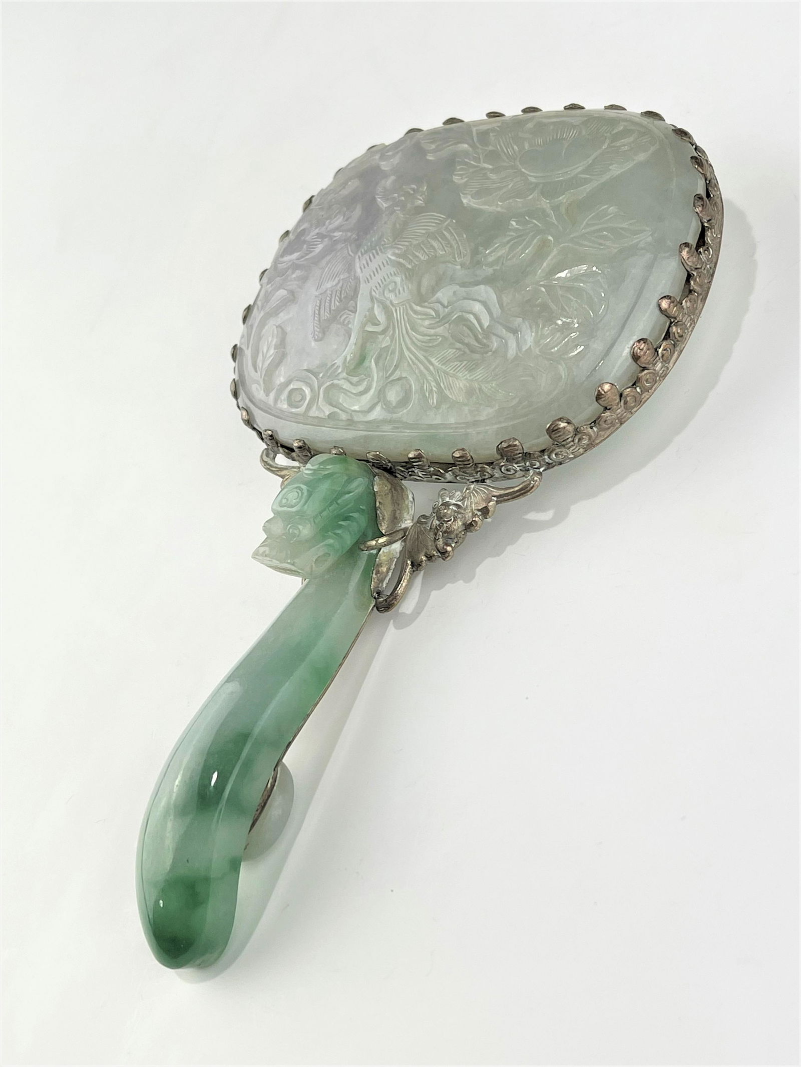 A NICE CHINESE HAND MIRROR WITH JADEIT PLAQUE BACK AND DRAGON HEAD HANDLE (1 of 8)