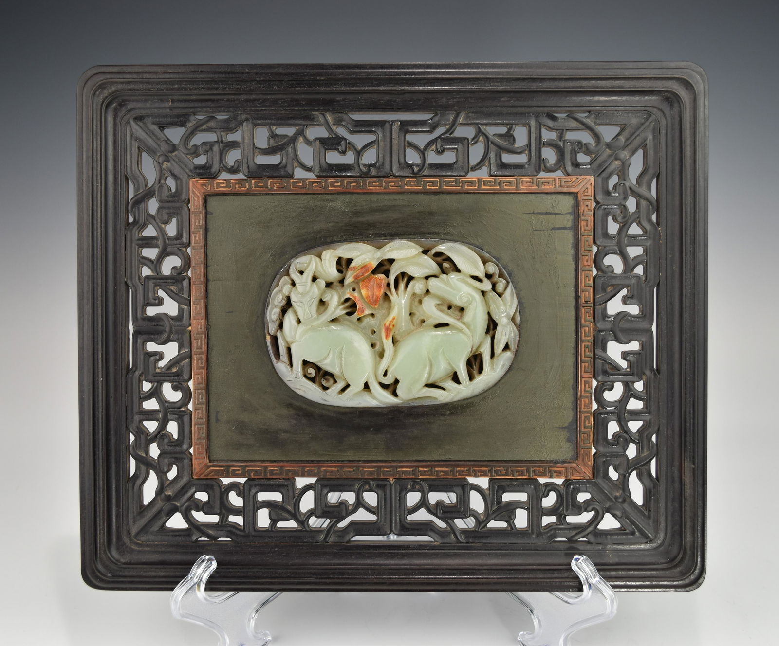 A CARVED ANTIQUE CHINESE HARDWOOD PANEL WITH JADE INLAY (1 of 5)