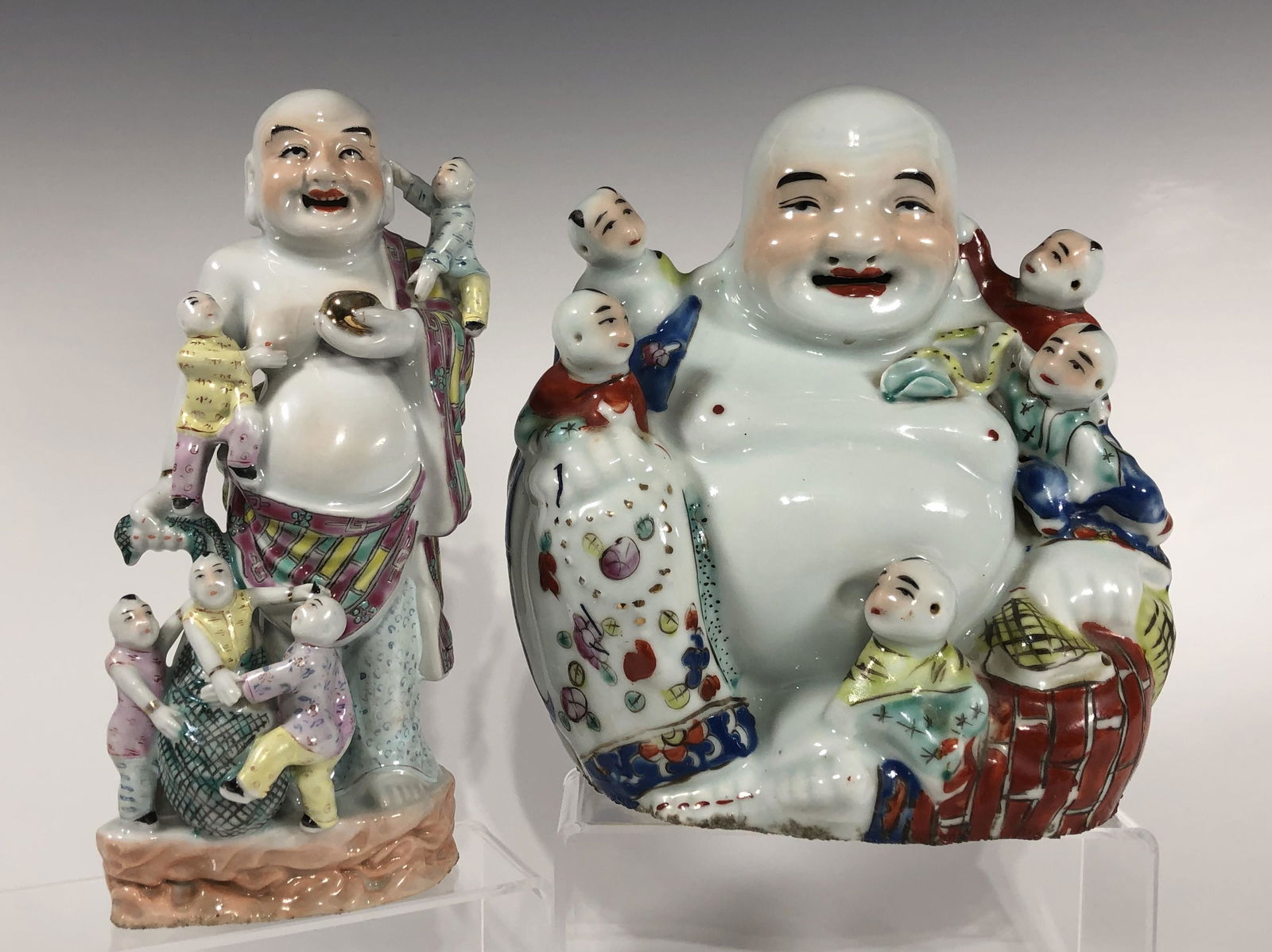 TWO ANTIQUE CHINESE FAMILLE ROSE PORCELAIN SMILING BUDDHA FIGURINES (1 of 9)