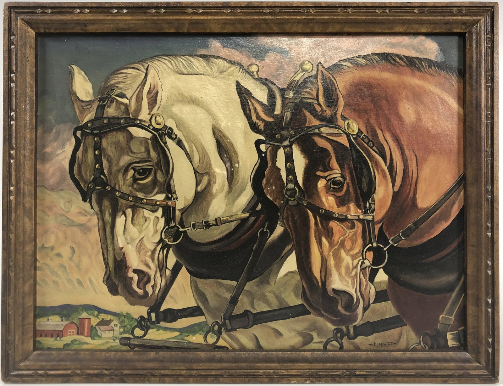 A VINTAGE SIGNED AMERICAN WPA-STYLE HORSE OIL PAINTING ON BOARD: Circa 1930s, Good condition. Please refer to the photos for more details. Size: 34 CM W x 26 CM H, 13-3/8” W x 10-1/4” H
