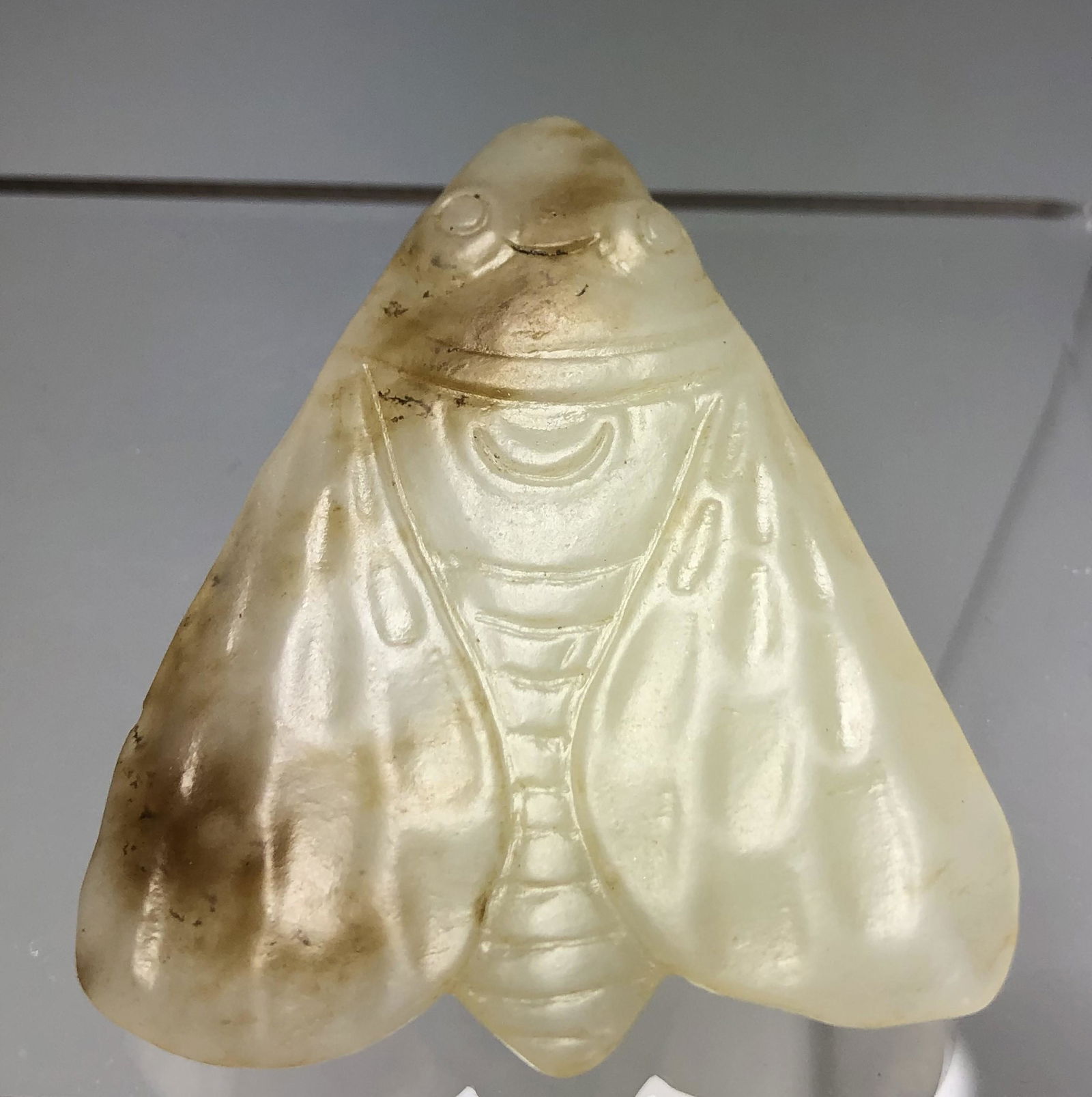A CHINESE MING DYNASTY OR EARLIER NEPHRITE JADE MOTH CARVING PENDANT (1 of 6)