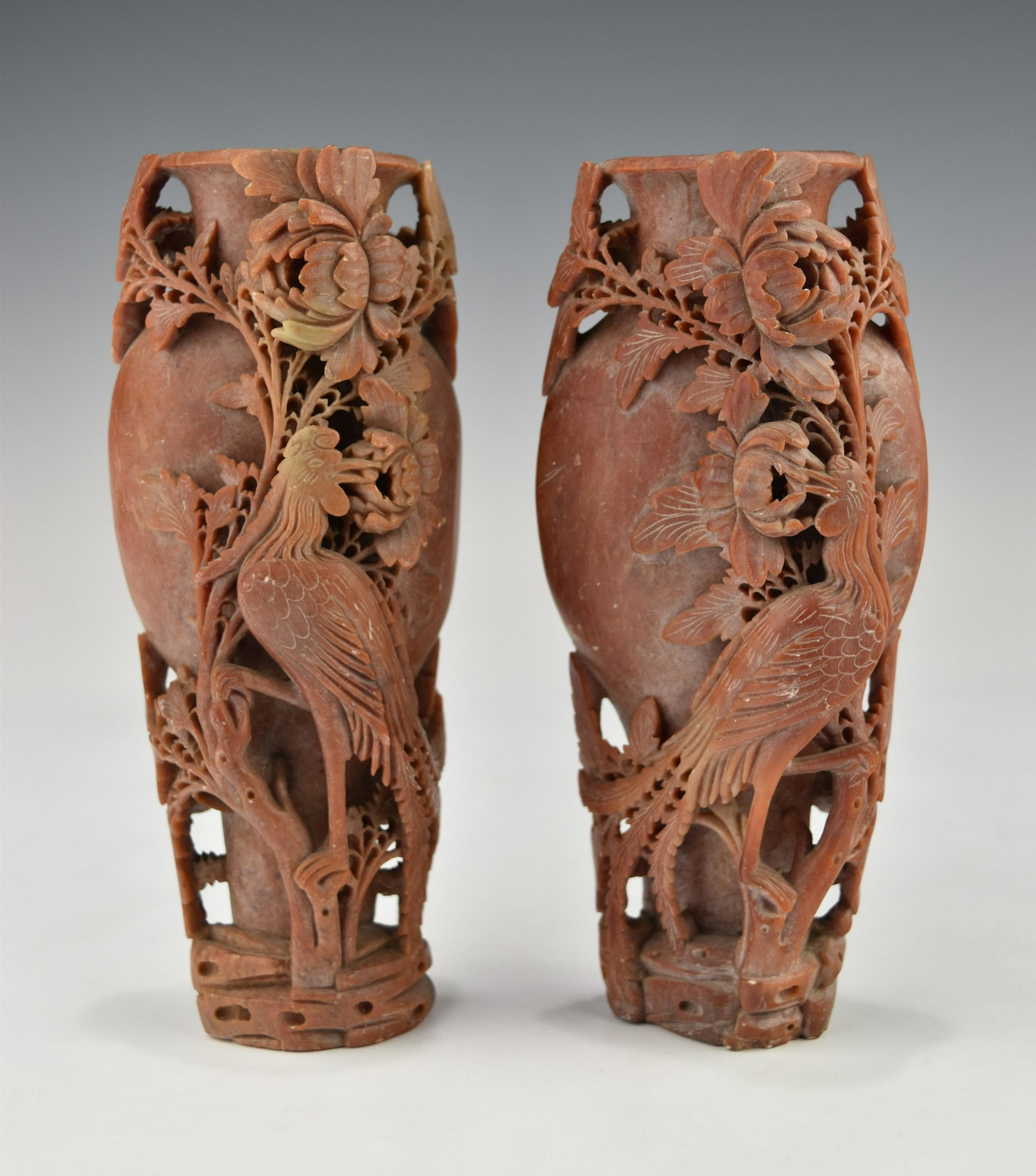 A PAIR OF CHINESE QING DYNASTY SOAPSTONE VASES: Well carved, depicting phoenix birds and peony flowers, in very good vintage condition. Please refer to the photos for more details. Height: 17 CM or 6-5/8"
