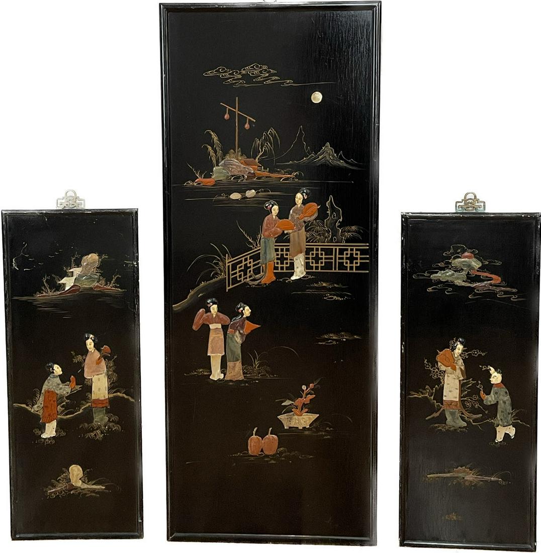 A SET OF THREE VINTAGE BLACK LACQUERED PANELS (1 of 4)