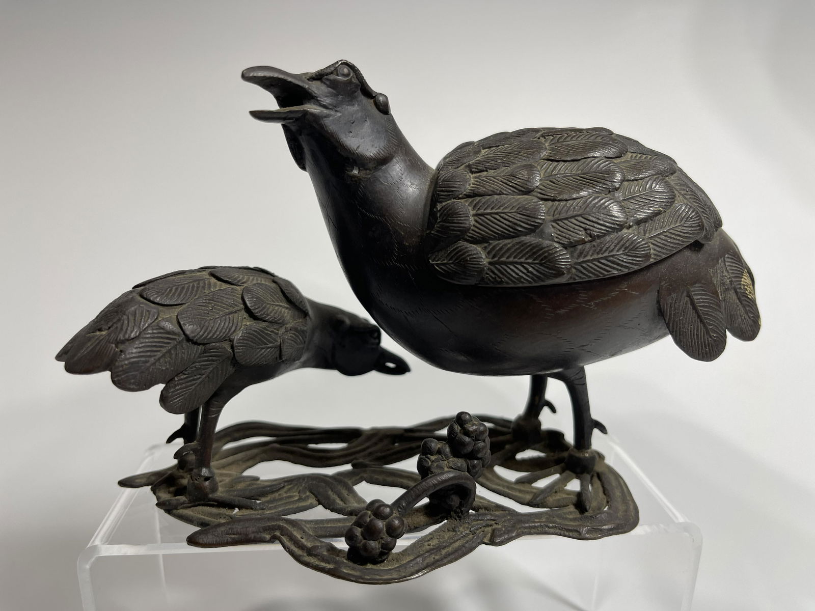 A CHINESE QING DYNASTY BRONZE QUAIL INCENSE BURNER (1 of 4)