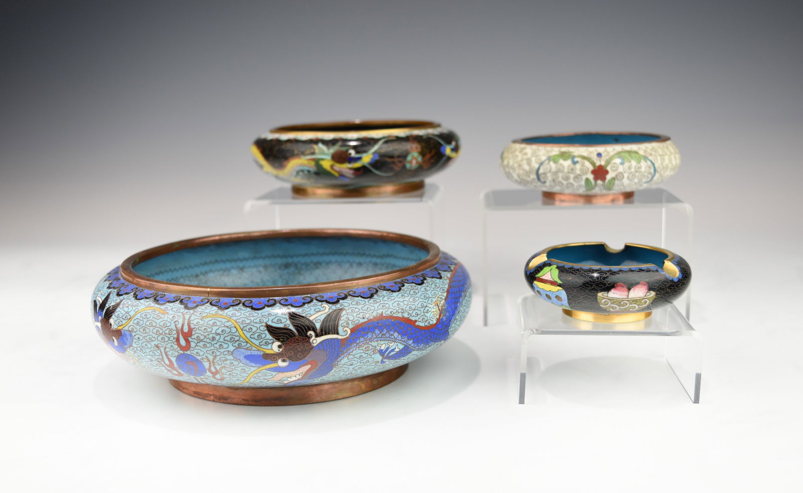 THREE CHINESE CLOISONNE WATER POTS AND AN ASH TRAY (1 of 3)