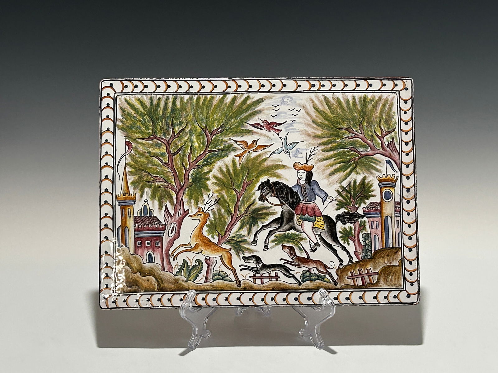 AN ANTIQUE PERSIAN DEER HUNTING SCENE TILE (1 of 9)