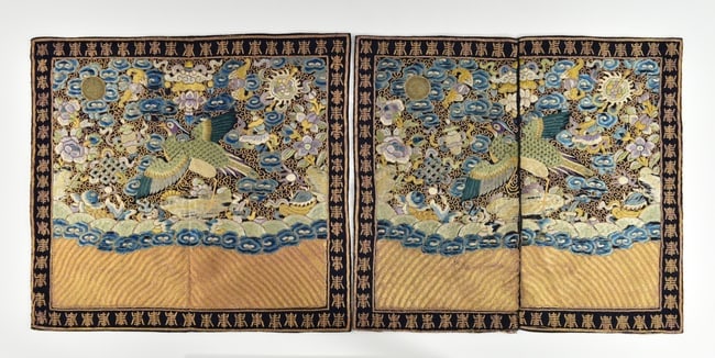 A PAIR OF CHINESE JIAQING/DAOGUANG PERIOD SILK EMBROIDERED CIVIL OFFICIAL THIRD RANK BADGES: 18TH/19TH century, finely embroidered with gold metallic and polychrome silk threads. Very good condition with glue residue on the back linings due to being previous mounted in a frame. Please refer t