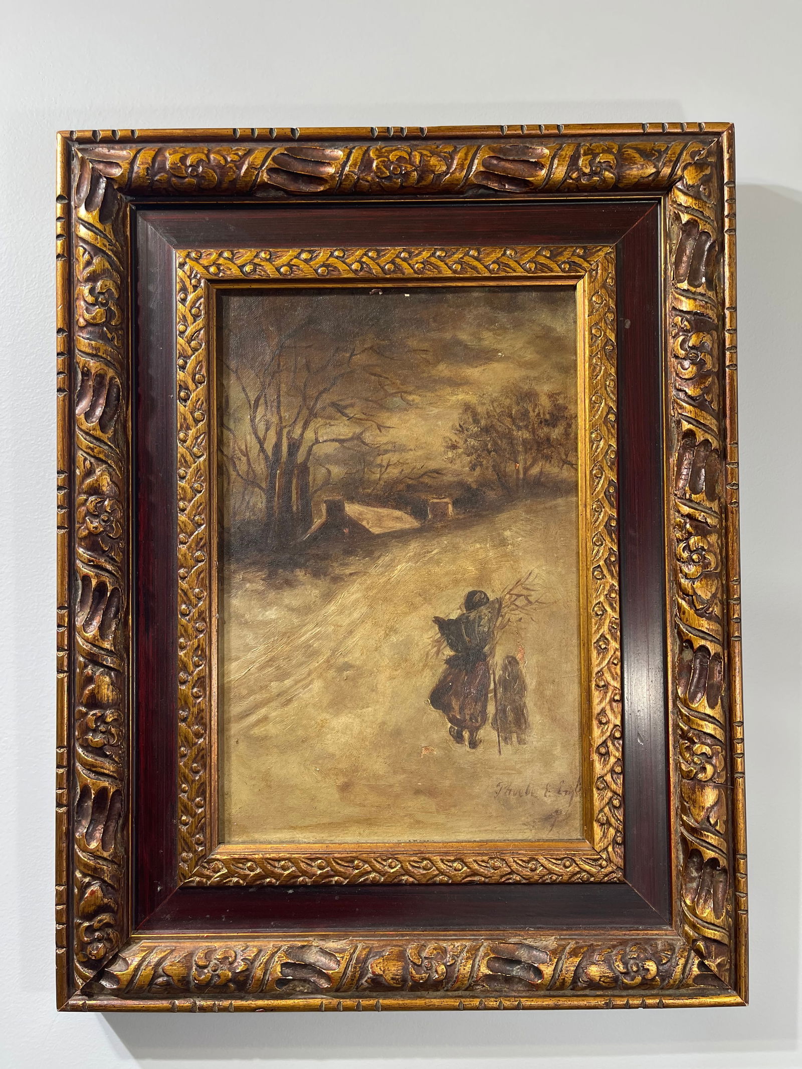 AN ANTIQUE EUROPEAN WINTER SCENE OIL PAINTING, ARTIST SIGNED (1 of 5)