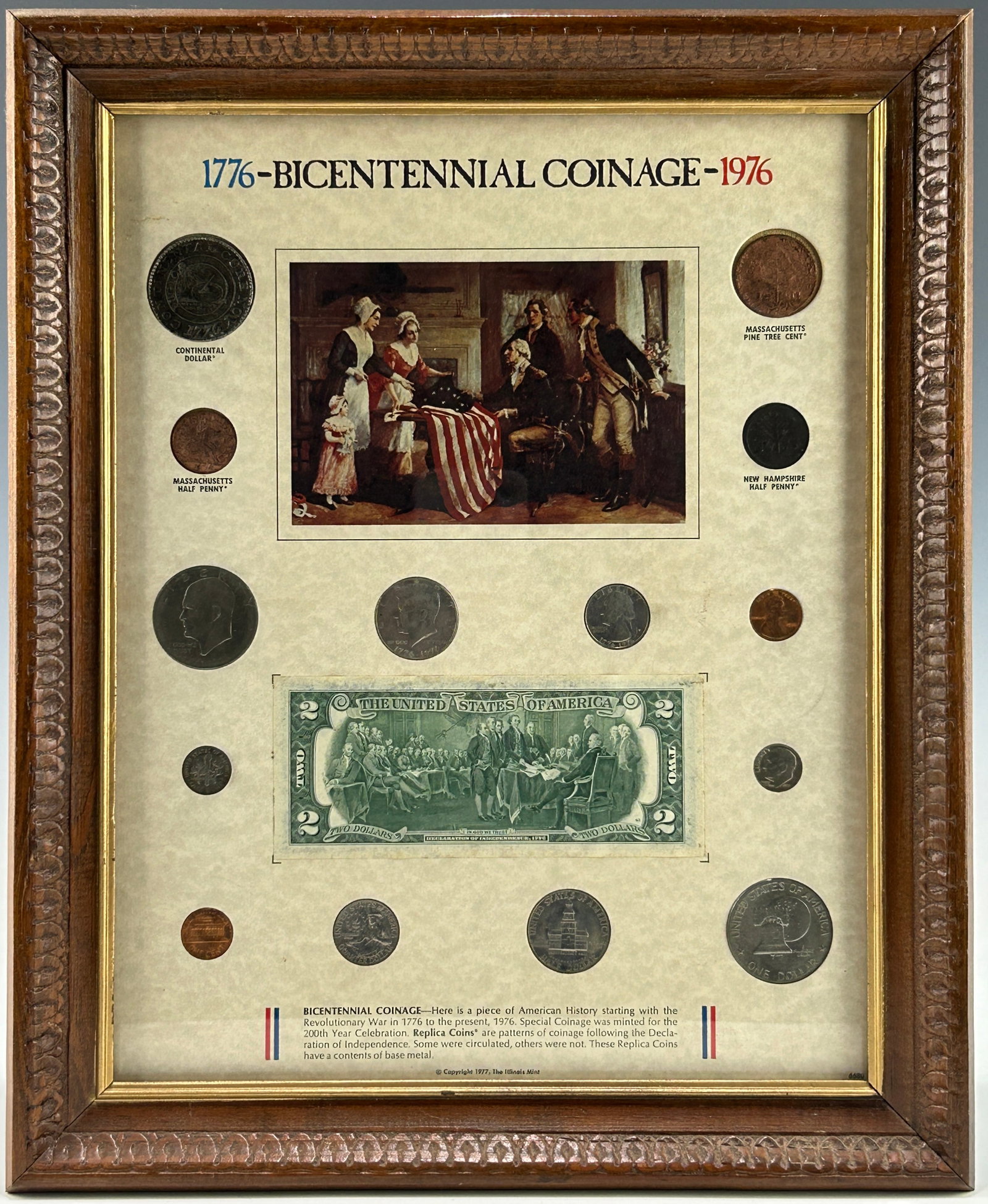 FRAMED COLLECTION OF 1776-BICENTENNIAL COINAGE-1976: It commemorates the 200th anniversary of the United States' independence. The first four coins listed are replicas of historical American currency (with *). The other coins in the display, surrounding