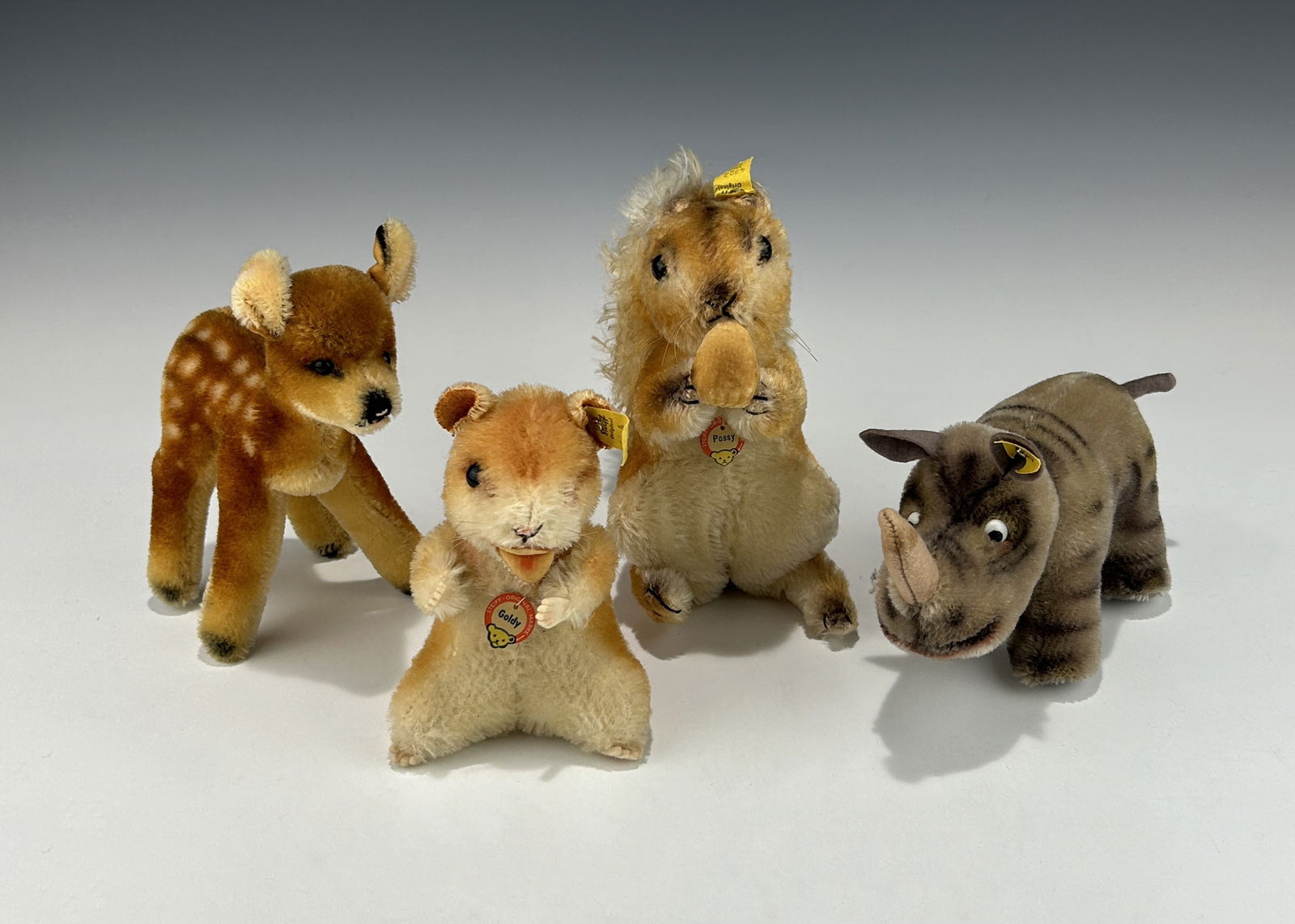 A LOT OF STEIFF PLUSH ANIMALS: FAWN, HAMSTER, RHINO AND SQUIRREL (1 of 8)