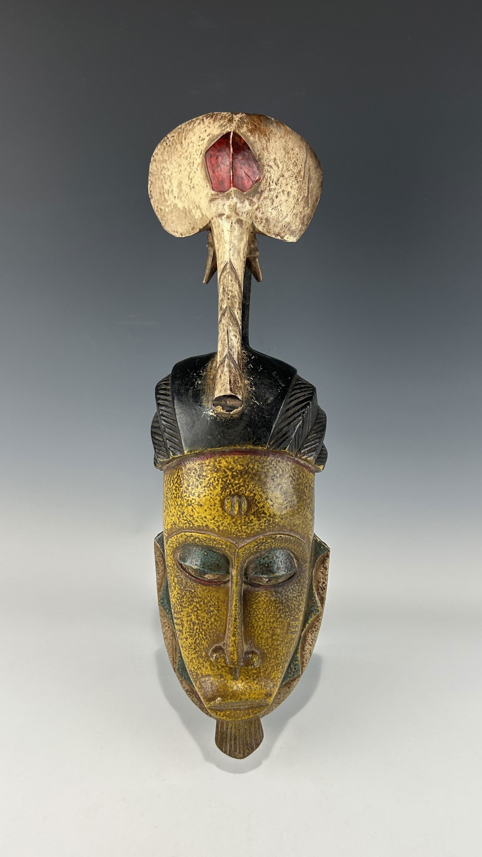 NO RESERVE! AFRICAN IVORY COAST YAURE WOODEN MASK WITH AN ELEPHANT HEAD ATOP (1 of 8)