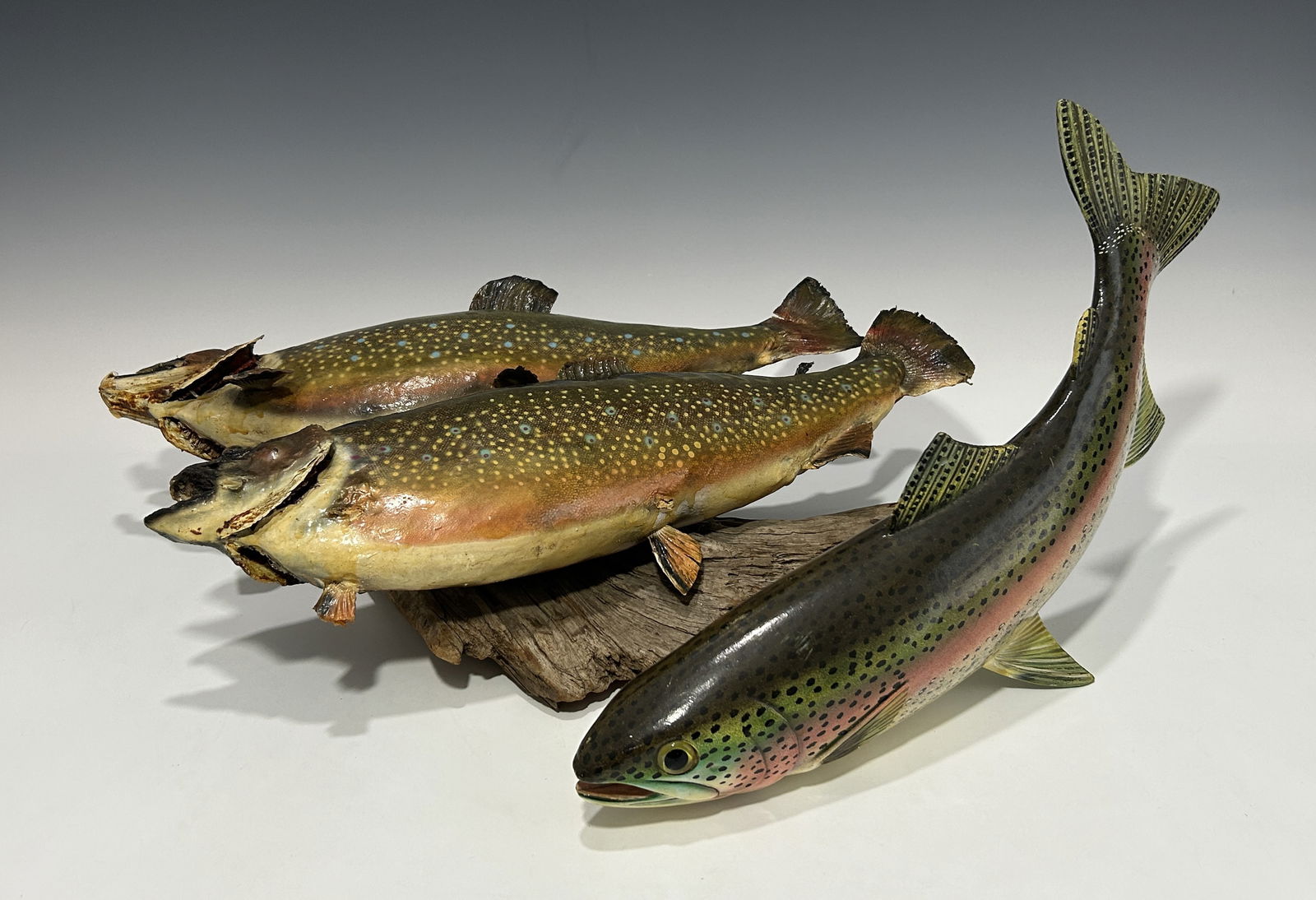 TWO VINTAGE BROOK TROUT TAXIDERMY MOUNTS AND A FIBERGLASS RAINBOW TROUT (1 of 9)