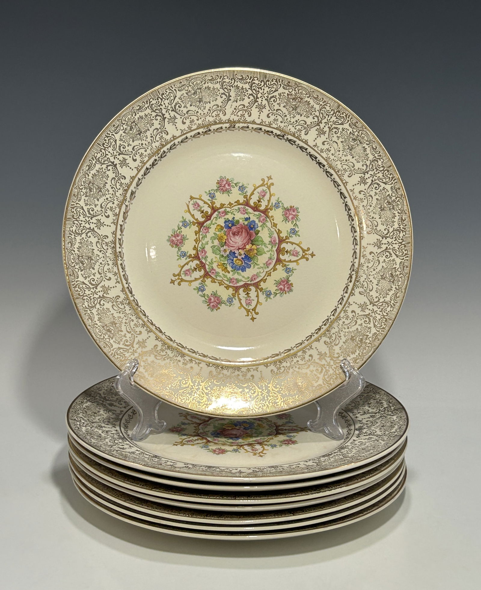 A SET OF EIGHT PADEN CITY POTTERY CO. FLORAL PLATES WITH 22K GOLD GILT ACCENTS (1 of 5)