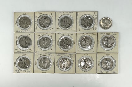 LOT OF 15 US SILVER HALF DOLLARS INCLUDING WALKING LIBERTY AND KENNEDY EXAMPLES