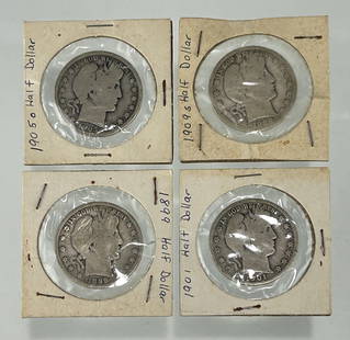 FOUR US BARBER SILVER HALF DOLLARS, 1899 - 1906: Including the following dates: 1899, 1901, 1905, and 1906. Coins are housed in 2x2 holders, each labeled by hand. Ideal for collectors of classic U.S. silver coinage or those seeking Barber series add