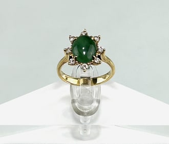 18K GOLD RING WITH GREEN JADEITE CABOCHON CENTER ACCENTED WITH DIAMONDS
