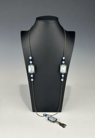 ART DECO NECKLACE WITH FAUX BLUE AGATE GLASS CAMEOS AND BEADED ACCENTS