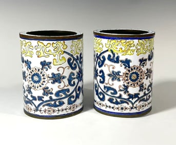PAIR OF 18TH/19TH CENTURY CHINESE CANTON ENAMEL BRUSH POTS