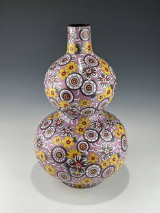 VERY LARGE ANTIQUE CHINESE 19TH CENTURY CLOISONNE DOUBLE GOURD VASE: Very decorative with its vivid colors, ornate floral patterns, and the classic double gourd form, which is associated with prosperity and longevity in various cultures. The decorative pattern is highl