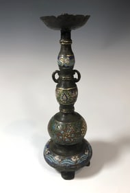 ANTIQUE ASIAN CLOISONNÉ ENAMELED BRONZE CANDLESTICK