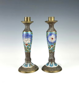 PAIR OF ANTIQUE JAPANESE CLOISONNÉ CHAMPLEVE CANDLESTICKS