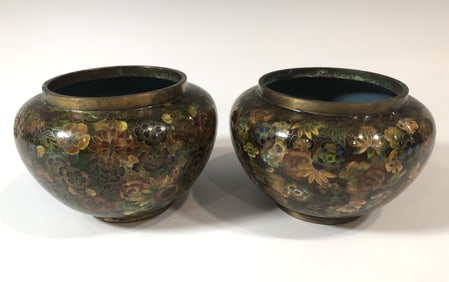 PAIR OF CHINESE REPUBLIC PERIOD CLOISONNÉ ENAMEL GO STONE JARS