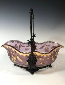 ANTIQUE EARLY AMERICAN PATTERN GLASS BRIDE'S BASKET WITH ORIGINAL METAL CARRIER