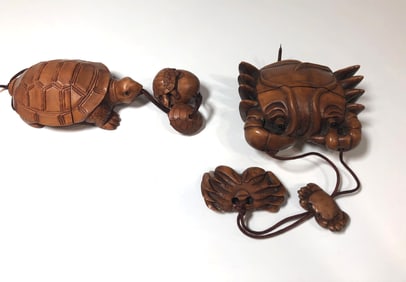 TWO JAPANESE CARVED WOOD INRO WITH MATCHING NETSUKE