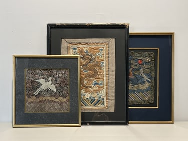 THREE FRAMED CHINESE QING DYNASTY EMBROIDERIES: ONE DRAGON PANEL AND TWO OFFICIAL BADGES