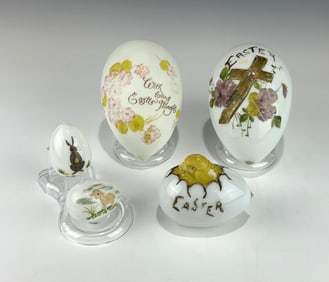 FIVE VICTORIAN HAND PAINTED MILK GLASS EASTER EGGS