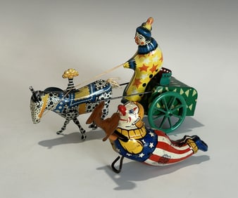 TWO OF LITHOGRAPHED WIND-UP TOYS: CHEIN & CO. ACROBAT CLOWN & CIRCUS CART