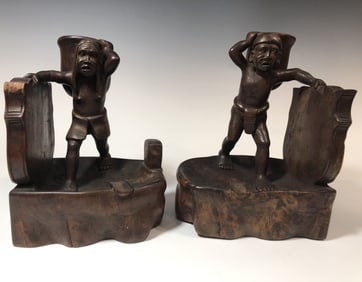 PAIR OF VINTAGE HAND-CARVED HAWAIIAN BOOKENDS WITH CIGAR HOLDERS