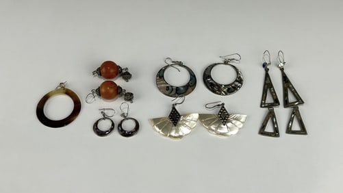 LOT OF FIVE PAIRS OF VINTAGE COSTUME EARRINGS WITH SHELL AND MIXED INLAY