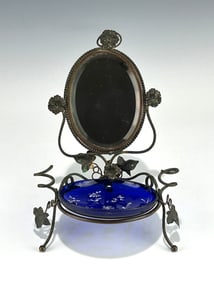 ANTIQUE DRESSER TRINKET DISH WITH MIRROR AND COBALT BLUE GLASS INSERT