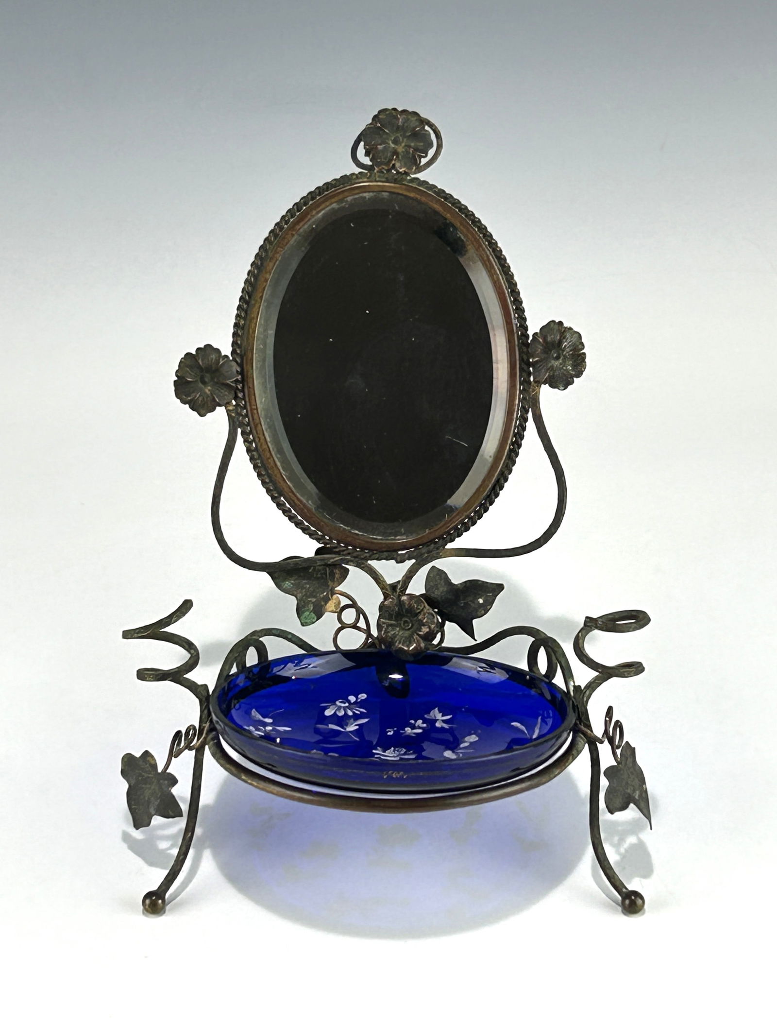 ANTIQUE DRESSER TRINKET DISH WITH MIRROR AND COBALT BLUE GLASS INSERT (1 of 5)