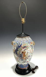 LARGE ANTIQUE JAPANESE PORCELAIN VASE TABLE LAMP, MEIJI PERIOD: An impressive statement piece, finely decorated and richly detailed antique Japanese porcelain vase, dating to the Meiji period (late 19th to early 20th century), later mounted as a table lamp. The ba