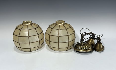 PAIR OF VINTAGE CAPIZ SHELL PENDANT LAMPSHADES WITH METAL ACCESSORIES