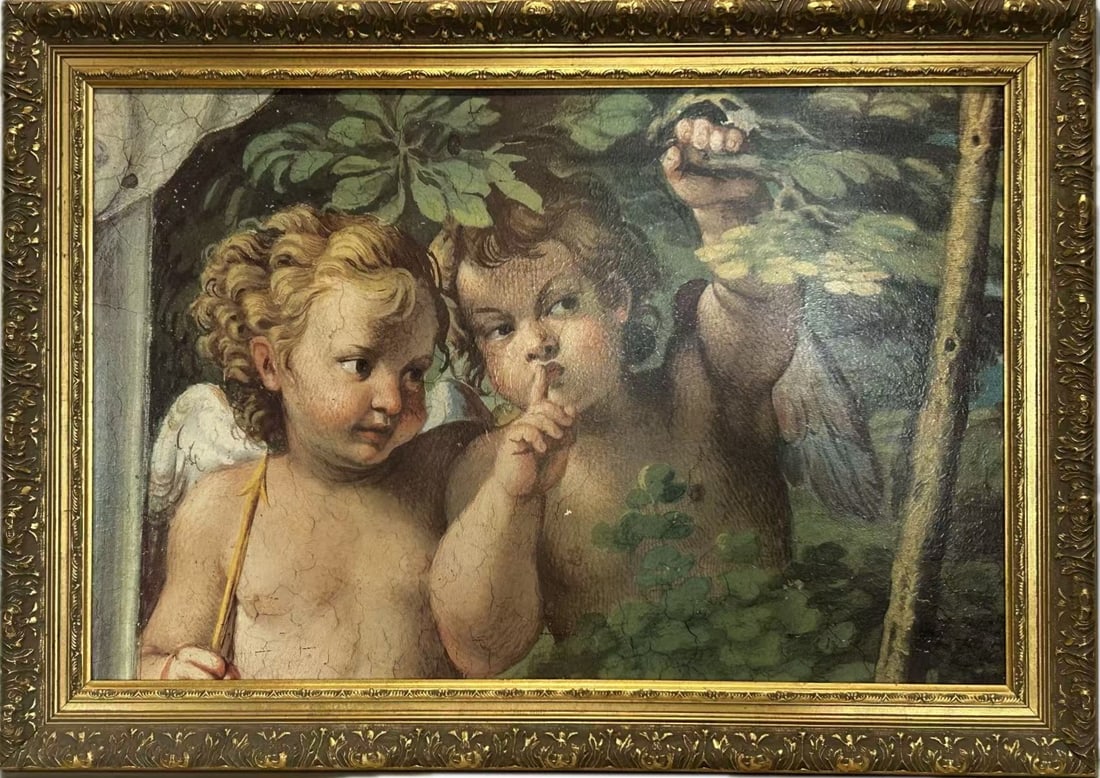 LARGE FRAMED GICLÉE PRINT ON MASONITE, AFTER ANNIBALE CARRACCI TWO PUTTI: A large vintage giclée print on Masonite, reproducing Two Putti, after the Italian Baroque master Annibale Carracci (1560–1609). The composition features two cherubic figures in a verdant garden, o