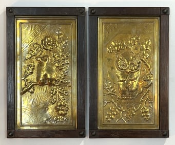 PAIR OF EMBOSSED BRASS BIRD WALL PANELS IN WOOD FRAMES, CIRCA 1870