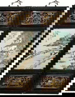 PAIR OF FRAMED ANTIQUE CHINESE PORCELAIN PANELS: Late 19th / early 20th century, each set within a hardwood frame and accented with finely carved and gilded wood inserts, the porcelain plaques depict serene landscape scenes in famille rose enamel, w