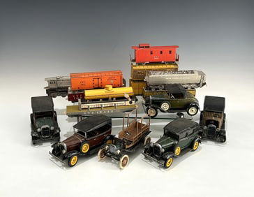 SIX VINTAGE ASSEMBLED HUBLEY DIE CAST METAL TOY AUTOMOBILES PLUS CARBOARD TRAIN MODELS