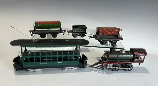 TINPLATE TOY TRAIN CARS INCLUDING SOUTH FERRY TROLLEY AND LOCOMOTIVE