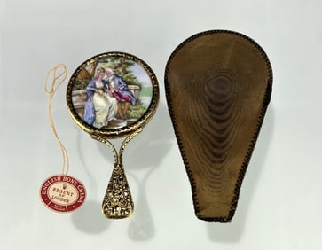 ENGLISH BONE CHINA ART NOUVEAU GILT METAL HAND MIRROR, REGENT OF LONDON