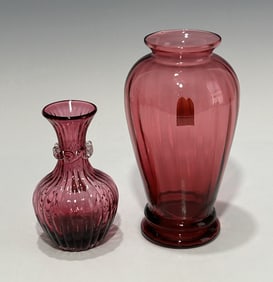 TWO VINTAGE PILGRIM CRANBERRY GLASS VASES