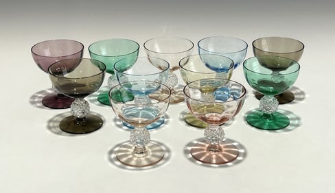 LOT OF 11 VINTAGE COLORED MORGANTOWN GULF BALL SHERBET STEM GLASSES