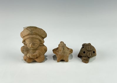 THREE PRE-COLUMBIAN TERRACOTTA WHISTLES, GUATEMALA & MEXICO