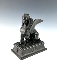 FRENCH EGYPTIAN REVIVAL BRONZE SPHINX STATUE, CIRCA 1880S